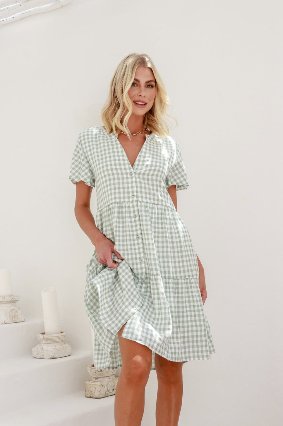 GINGHAM BUTTON TIER DRESS-SAGE