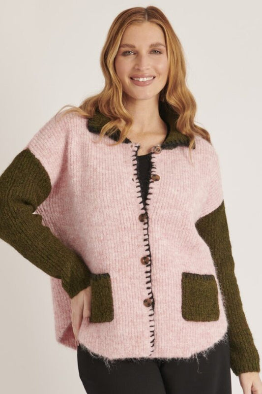 PATCH POCKET CARDIGAN-PINK/GREEN COMBO