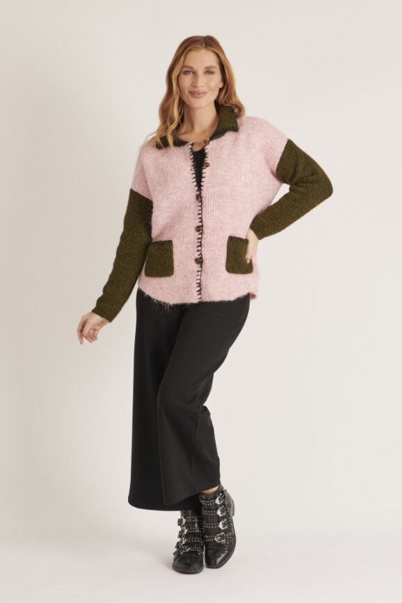 PATCH POCKET CARDIGAN-PINK/GREEN COMBO