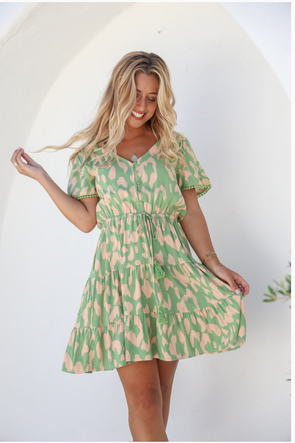 LACE TRIM BUTTON FRONT TIER DRESS