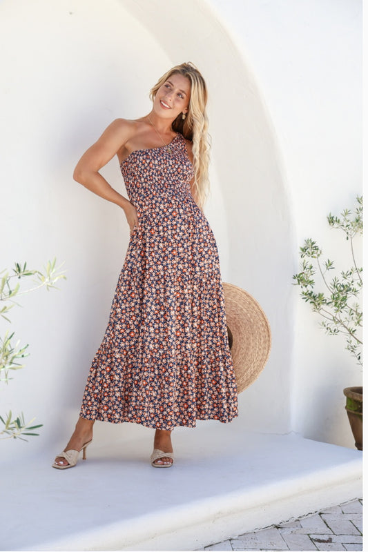 ONE SHOULDER DITSY DAISY MAXI DRESS